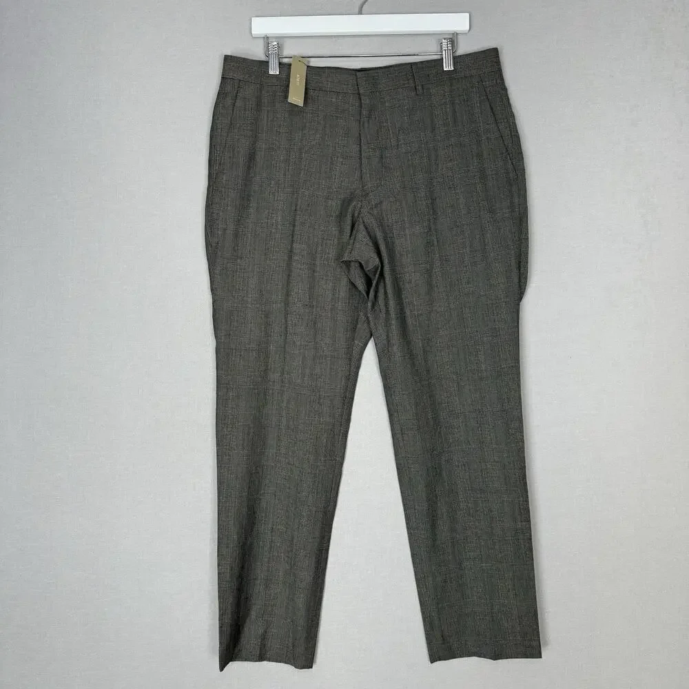 J.Crew Ludlow Slim-Fit Suit Dress Pants Mens 34x30 Gray Italian Wool-Linen Plaid